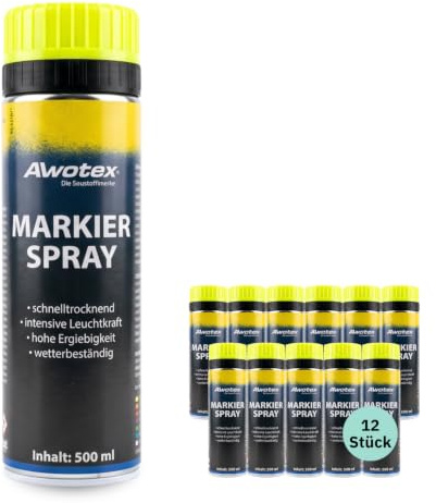 AWOTEX Markierspray Neon-Gelb 500ml I 12 Stück Sprühfarbe für Wand & Boden | Markierungsspray Wetterfest & Schnell Trocknend I Sicherheitsverschluss mit Dreh-Freigabe I Farbspray Baustelle & Forst