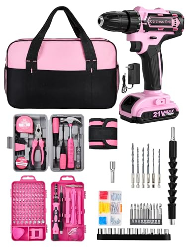 HUAKAYO Pink Cordless Drill Set 150 Pcs, 20V Pink Power Drill Tool Set Kit with Storage Bag, Electric Drill Set for Women, Screwdriver Set, Magnetic Tool Belt, ToolBox for DIY Projects