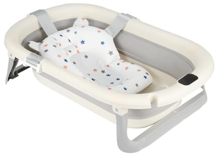 Faltbare Babybadewanne mit Ablaufstopfen & Temperaturanzeige & Sitzkissen, ultra kompakt – rutschfeste Füße-B-43 x 71 x 18,5 cm (Grau)
