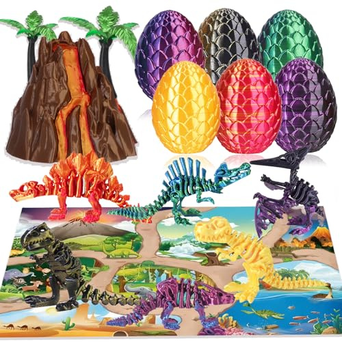 OKYUK Dinosaurier Spielzeug Set mit Eiern - Ideales Ostergeschenk für Kinder - 3D Gedruckte Bewegliche Dino Skelett Figuren, Vulkan & Spielmatte Perfekt für Ostereiersuche & als Osterkörbchen Füllung