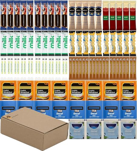Office & Hotel Tea Coffee Sachet Set – 100 Items | Regular, Luxury & Decaf Options | AB.GROCERIES® Decaf Kit with Tea, Coffee, Sugar, Milk | Hospitality Tray, B&B, Airbnb, Office Supplies (DECAF)