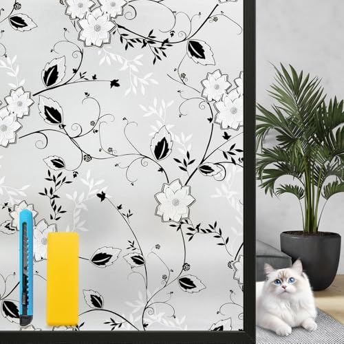 Zindoo Frosted Window Film Privacy for Glass, Floral Pattern, 119.5x200cm | Static Cling Frosting Film Anti UV & Glare, Removable No Glue Decorative Privacy Stickers Covering for Home Bathroom Kitchen