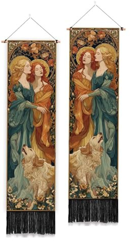 PLIGREAT 2 Packung Mittelalterlicher Wandteppich Für Frauen Retro Langer Wandbehang Mit Quasten Dekorativer Ästhetischer Vertikaler Wandteppich Für Schlafzimmer Wohnzimmer Heimdekorationen 130 x 33cm