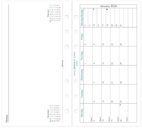 Filofax Calendar Diary Refill, Personal/Compact Size, Month on One Page with Notes, Horizontal, White Paper, English, 2026 (C68405-26)