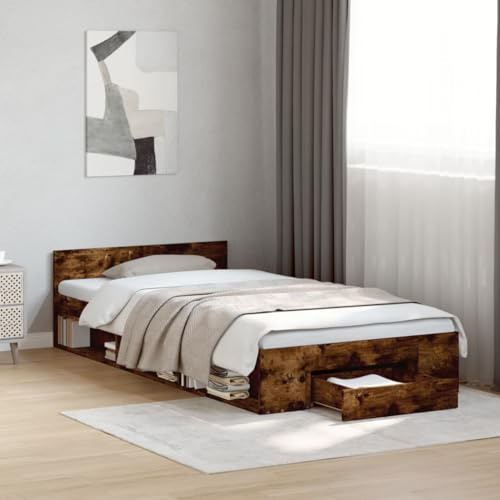 HaoChrymec Bettgestell mit Schublade Holzwerkstoff, Praktische Aufbewahrung, Robust und Stabil, Bett mit schubladen, Bett mit stauraum, Für Schlafzimmer & Jugendzimmer, Räuchereiche, 100x200 cm
