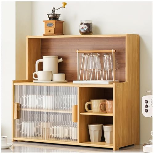 OUKMXSY Kitchen Storage Pantry Cabinet Coffee Microwave Stand with Glass Sliding Doors Adjustable Shelves Hutch Buffet for Living Room Space Saving(Natural)