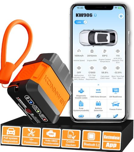 KONNWEI KW906 OBD2 Diagnosegerät Bluetooth 5.2, Auto Fehlercode Leser & OBDII/EOBD Scanner, Check Engine Reset, Echtzeit-Motordaten, Geschwindigkeit, Drehzahl, Kompatibel mit iOS & Android