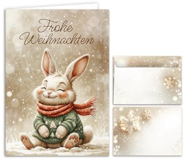Weihnachtskarte mit Umschlag – Klappkarte DIN A6 „Frohe Weihnachten“ hochwertige Weihnachtsgrußkarten Hase Weihnachten-Motiv – Christmas Cards