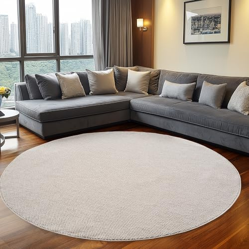 Teppium Teppich Rund 160 cm Creme Einfarbig Bouclé Schlingenflor Skandi Stil Modern Weich Strapazierfähig Pflegeleicht großer runder Teppich für Wohnzimmer Esszimmer Schlafzimmer
