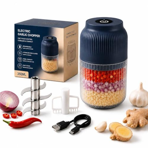 2026 New Household Electric Garlic Crusher, 350ml Cordless Electric Food Chopper With Lid, 6 Stainless Steel Blades, USB Mini Chopper Food Processor for Onion Chili Ginger Nut Meat & Fruit (Blue)