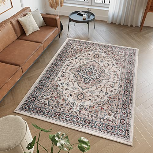 TAPISO Colorado Teppich Kurzflor Creme Grau Medallion Floral 60 x 100 cm | strapzierfähiger Teppich Wohnzimmer Klassisch Orientalisch Ornament Muster Orientteppich OEKO-TEX