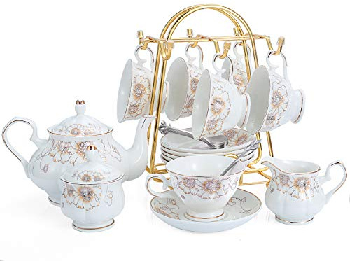 CHENP.HMC Tea Set 22-Piece Porcelain Ceramic Coffee Tea Gift Sets Cups Saucer Service for 6 Teapot Sugar Bowl Creamer Pitcher and Teaspoons (Chrysanthemum)