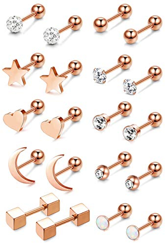 YADOCA 10 Paare Edelstahl Helix Ohrringe Damen Zirkonia Stern Mond Herz Ohrringe Silber Rose Gold Knorpel Ohr Tragus Piercing Cartilage Stecker Ohrring Set für Frauen Mädchen