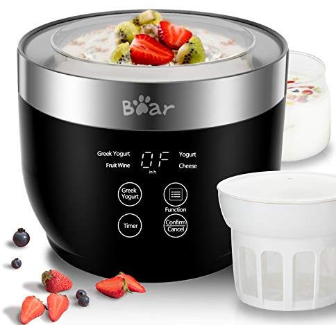 Automatic Digital Yogurt Maker With Stainless Steel Inner Pot, 2 Glass Jars (1 Quart) and Strainer for Home Organic Yogurt - Black