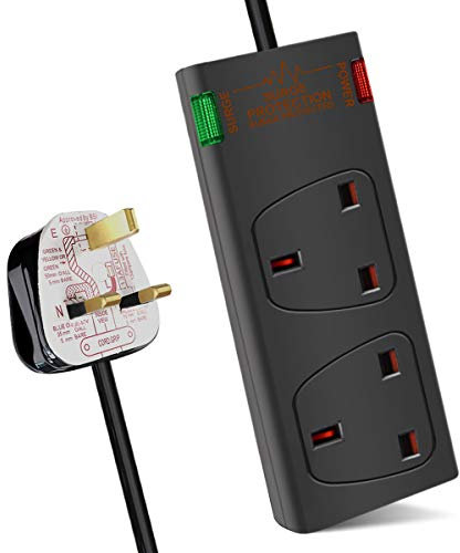 ExtraStar 2 Way Double Socket Power Mains Extension Lead 5M Metre Cable - Surge Protected British Approved 13A - Black