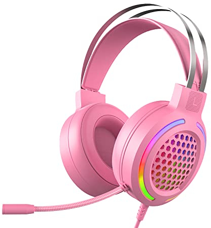 7.1 Auriculares para Juegos, con Micrófono Reducción de Ruido, Canales Envolventes Estéreo, Luz de Fondo RGB, Altavoz Grande de 50 mm, Adecuado para Computadora Portátil PS4 PC Mac (Rosa)