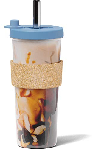 Dodoko Reusable Boba Cup and Straw Boba Tea Cup Bubble Tea Cup and Straw Reusable Iced Coffee Cup Cold Coffee Cup Smoothie Cup with Lid and Straw Smoothie Cup to go Smoothie Tumbler 24 oz - Blue