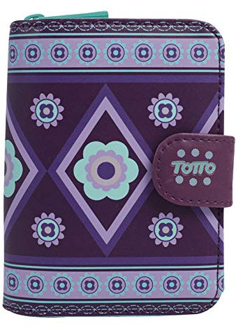 TOTTO - Cartera Mujer, Modelo Aruma, con 5 Organizadores, Monedero Grande con Cremallera, Billetera y Tarjeteros, Tamaño Compacto, con Cierre de Botón, Estampado Morado