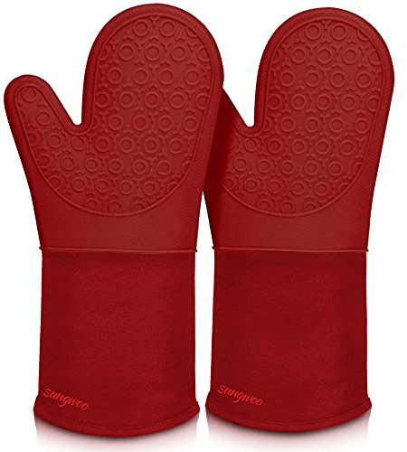 Sungwoo Lot de 2 gants de cuisine extra longs en silicone résistants à la chaleur avec doublure matelassée antidérapante texturée pour barbecue, pâtisserie, cuisine et grillades Rouge empire 36 cm