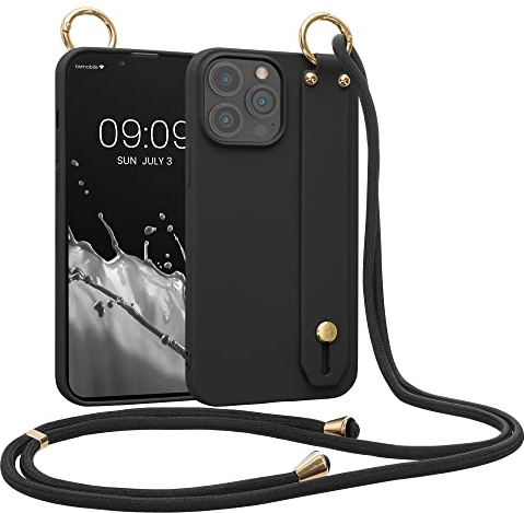 kwmobile Cover a Tracolla Compatibile con Apple iPhone 13 Pro Max - Back Case in Silicone nero - Custodia con Cordino e Passante Cinta