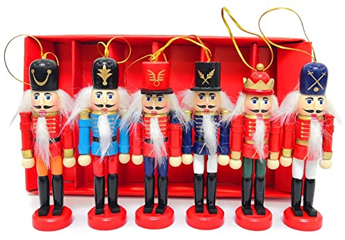 URMAGIC 6 PCS Nutcracker Ornament Set, Wooden Nutcracker Figures,Nutcracker Christmas Decorations,12.5 cm Nutcracker Soldier Puppet Doll Gifts,Wooden Nutcrackers Tree Hanging Decorations(6Pcs/set)