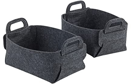 WENKO Cesta de fieltro Nina S, set de 2, fieltro de poliéster reciclado, cestos plegables para ahorrar espacio con prácticas asas de transporte y 2,4 L cada una, 19 x 14 x 9 cm, gris oscuro