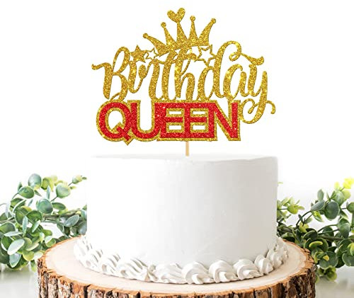 Helewilk Birthday Queen Cake Topper, Baby Shower Party Decoration Supplies for Girl Women, Gender Reveal Happy Birthday Cake Decoration, Queen Birthday Party Supplies - Red&Golden