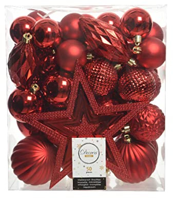 Kaemingk Weihnachtskugeln Kunststoff 5-8cm mit Christbaumspitze Stern 50er Set bruchsicher rot Weihnachtsrot