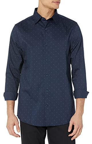 Amazon Essentials Men's Regular Fit Long Sleeve Wrinkle Resistant Stretch Dress Shirt, Navy Geo Print, S