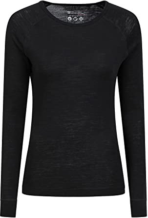 Mountain Warehouse Merino Womens Thermal Baselayer Top - Lightweight, Antibacterial & Breathable Ladies T Shirt - for Travel, Hiking, Camping, Skiing, Snowboard Black Women's Size 14