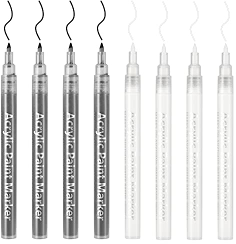 DONQL 8Pcs Lackstift Weiß Schwarz Stift 0.7mm Acrylstifte Für Steine Wasserfest Permanent Marker Acrylic Paint Marker 4 Acrylstifte Weiß & 4 Acrylstifte Schwarz Stifte Metallic für Holz