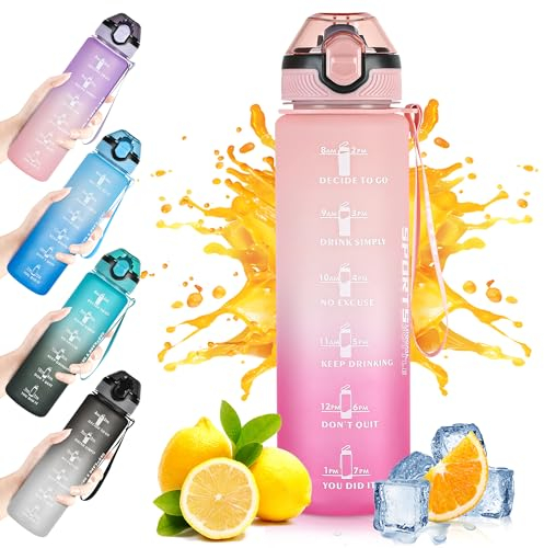 DUNSOO Borraccia 1L, Borraccia con Cannuccia con Del Tempo Motivazionale, Borraccia Sportiva, Tritan Senza BPA Bottiglia Acqua, con Spazzola per la Pulizia per Palestra, Yoga - Rosa