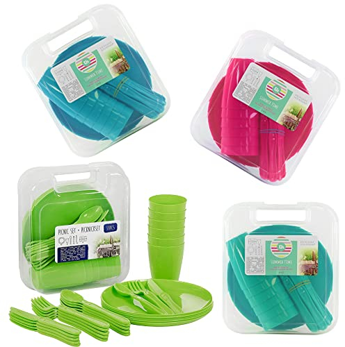 31 Piece Camping Picnic Plastic Utensils BBQ Set with Knives Forks Spoons Cups & Plates, Re-usable (Random Colour)