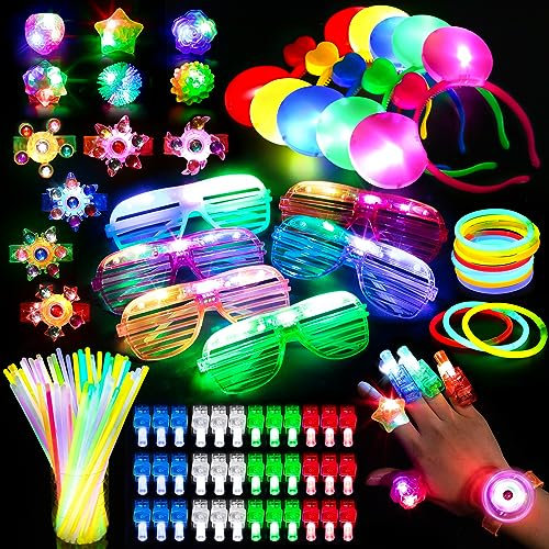 Mocoosy 103PCS Glow in the Dark Party Supplies, Light Up Party Favours for Kids Adult Neon Toys Bulk Party Pack With Glow Sticks, Led Glasses,Spinner Bracelets, Finger Lights,Jelly Ring, LED Headbands