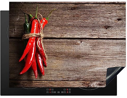KitchenYeah© Protezione Piano Cottura Tappetino per Induzione 70x52 cm Cucina Proteggi Coprifornello Antiscivolo Pepe - Legno - Spezie - Erbe - Rosso