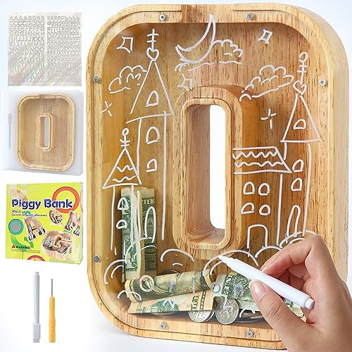 Lakpopya Spardose für Kinder Jungen Mädchen - Personalisiert Durchsichtig Mit Buchstabe Holz A-Z, Zielbereich, Aufkleber & Marker - Taufe Geschenk Dekoration (O)