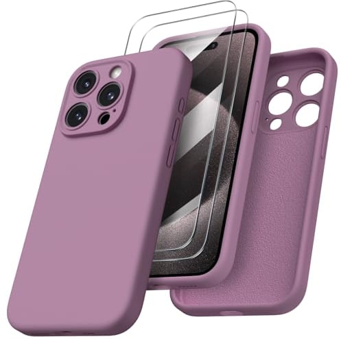 ORNARTO für iPhone 15 Pro Hülle mit Kameraschutz und 2 Schutzfolien, flüssigem Silikon Handyhülle iPhone 15 Pro 6.1 Zoll, stoßfeste iPhone 15 Pro Schutzhülle mit Mikrofaser - Lila Flieder