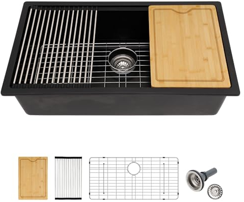 30 Granit-Komposit-Küchenspüle, Workstation – Lofeyo 76,2 cm, mattschwarz, Unterbau-Küchenspüle, Quarz, klassisch, unter Theke, Einzelbecken, Waschbecken mit Zubehör (76,2 x 48,3 cm)