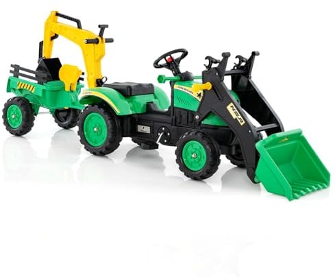 COSTWAY Kids Ride on Car, Pedal Excavator Tractor with Detachable Trailer, Moving Bucket Digger, Steering Wheel, Horn, Children Pedal Go Kart for 3-6 Years Old (Green)