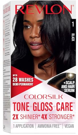 Revlon ColorSilk Tone + Gloss + Care Demi Permanent Hair Color, Dye Kit with Leave-In Scalp and Haircare Serum, 2x Shinier, 4x Stronger, 1 Black, 4.5 fl oz