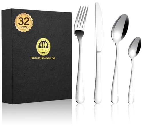 BEWOS 32-Piece Stainless Steel Cutlery Set, Knives and Forks Set for 8 People, Spoon and Fork Set with Gift Box, Tableware Flatware Set with Fork and Spoon Set, Mirror Polished & Dishwasher Safe