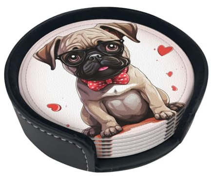 Untersetzer mit niedlichem Mops-Welpen-Aufdruck für Getränke, Set mit 6 hitzebeständigen Untersetzern, leicht zu reinigen, personalisierte Tassenmatte für Küche, Büro, Dekoration, Einweihungsgeschenk
