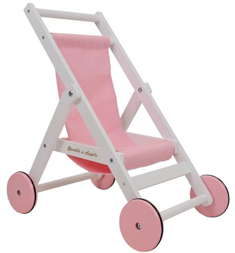 Bandits & Angels Puppenbuggy Lovely Pink-White aus Holz – ab 2 Jahren – Puppenwagen aus Holz – für Puppen bis 50 cm – Puppenwagen Rosa-Weiẞ – Puppenbuggy