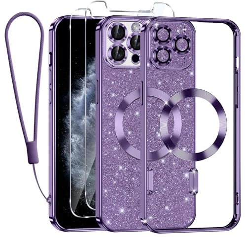 Kokio Handykette für iPhone 11 Pro Hülle mit Band, [Kompatibel mit MagSafe] Glitzer Magnetisch Handyhülle für iPhone 11 Pro mit 2 Stück Schutzfolie Stoßfeste Silikon Schutzhülle, Lila