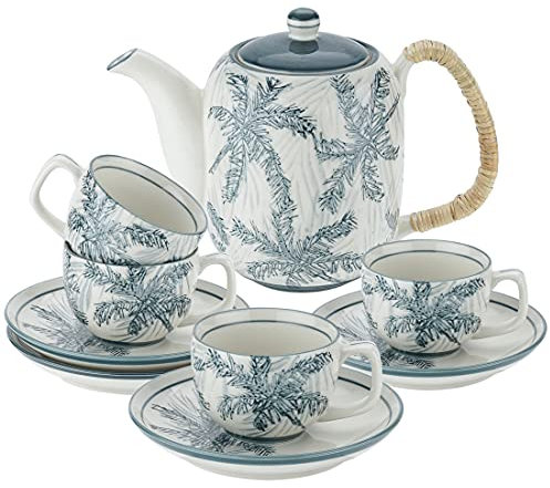 TERESA'S TEASET Juegos de té de cerámica para adultos con tetera de 32 onzas, juego de tazas de té para 4, juego de té inglés para fiesta de té, apto para microondas, fácil de limpiar, azul gris