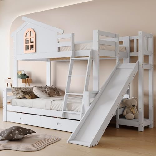PUGSDRLY Cadre de Lit Enfant Superposé Coulissant en Bois Massif avec Escalier, Rangement et Tiroirs, 90x200 cm et 120x200 cm en Forme de Maison pour Mère et Enfant