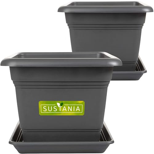 Sustania Vaso per piante quadrato 28x28 antracite set di 2 - Robusto vaso da fiori grande, fioriera ideale per piante di pomodoro, vasi quadrati in plastica per giardino & balcone