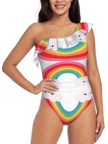 Ice and Fire Volley - Costume intero da pallavolo monospalla con volant, adatto per piscine, feste in spiaggia, ecc., Piccolo arcobaleno., XL