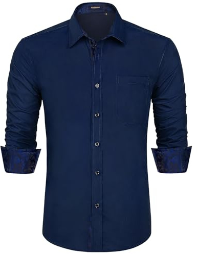 HISDERN Chemise habillée Formelle pour Hommes, Classique, Manches Longues, décontractée, col boutonné, Coupe régulière, Bleu Marine, S