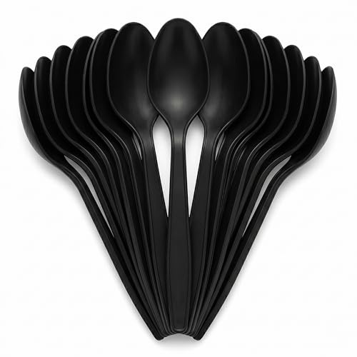 Venuscello® 300 x Tithe Black Plastic Spoons Heavy Duty Reusable Strong Grip Lightweight Cutlery for Party BBQ Salad Fruits Snacks Picnic Catering Weddings & Events